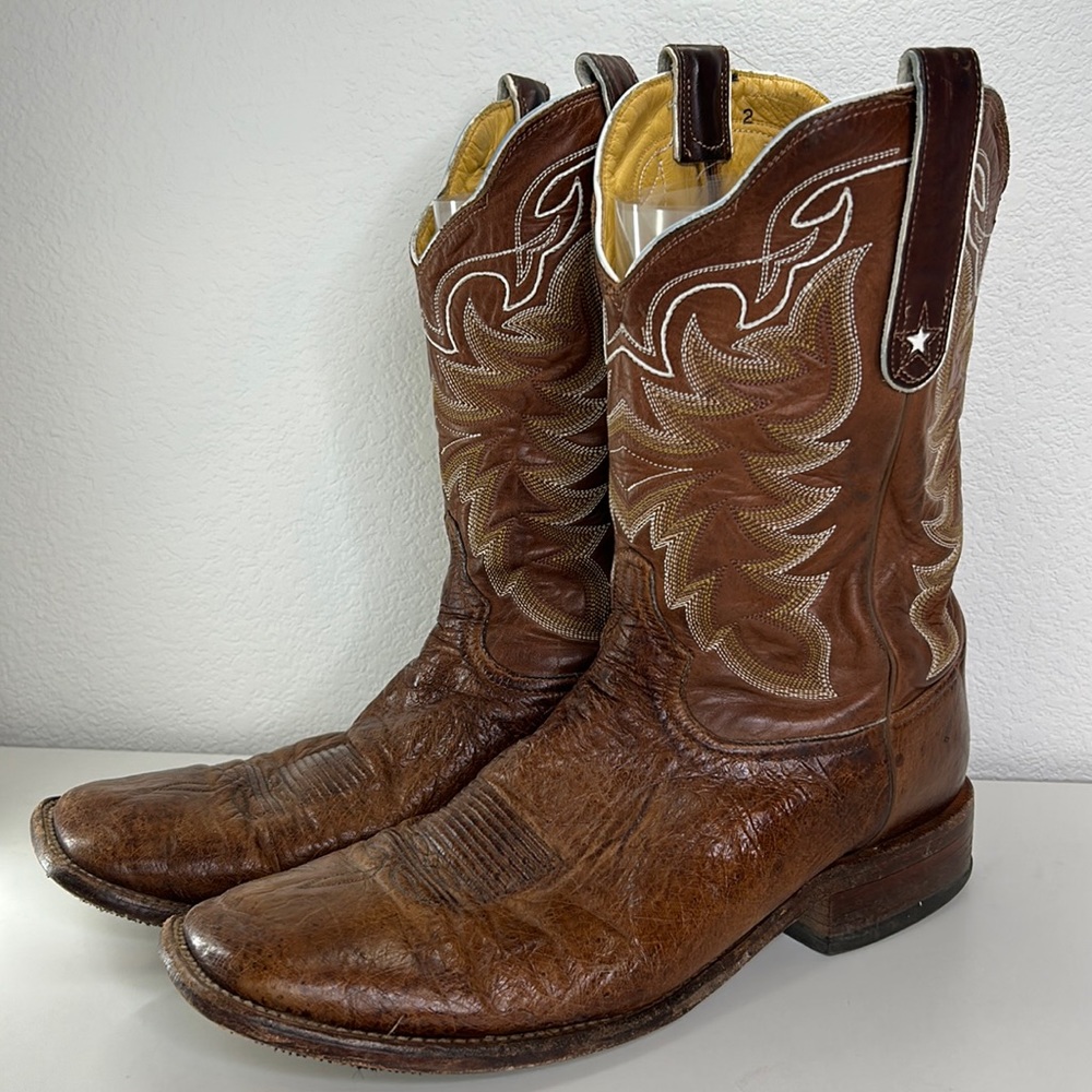 Tony Lama Shoes 12 D Boots Leather Tan Brown Square Toe Star Embroidered USA